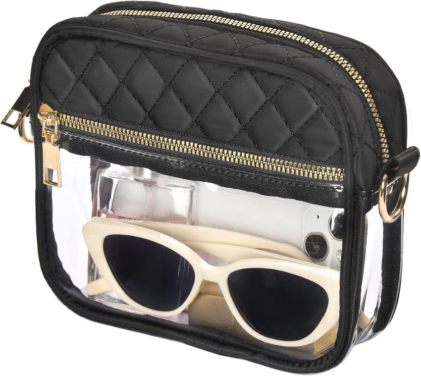 Stylish clear crossbody purse with unique rhombus PVC design and reinforced stitching