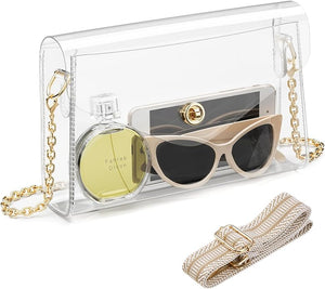 Clear purse for women stadium approved with gold chain and wide strap