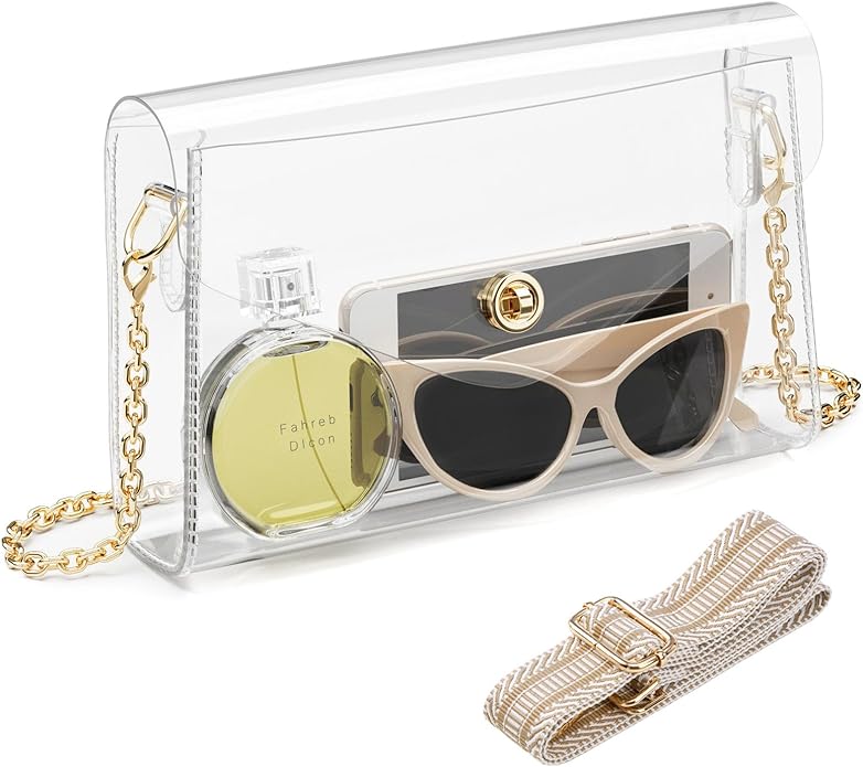 Clear purse for women stadium approved with gold chain and wide strap