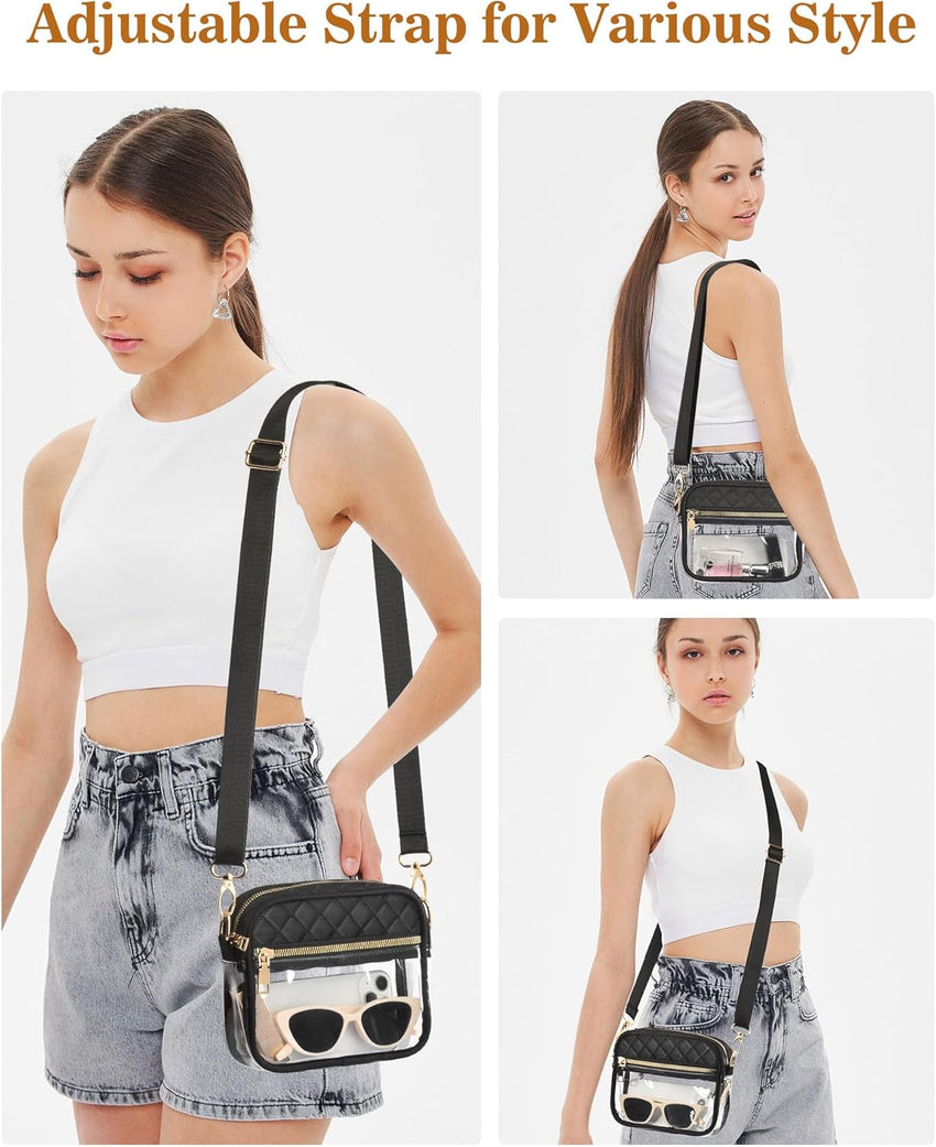Clear stadium approved bag with spacious front pocket for women’s essentials